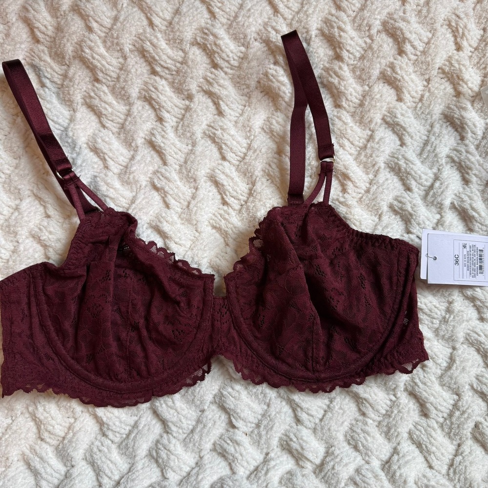 Auden Women Burgundy Floral Lace Unlined Balconette Underwire Bra 36C NWT